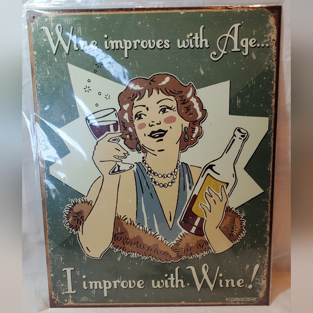 Wine Improves With Age I Improve With Wine Distressed Look Metal Sign New